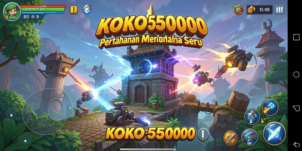 Tangkapan layar gameplay KOKO5000 menunjukkan aksi menara pertahanan yang intens.