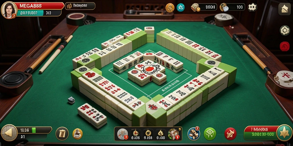 Tampilan gameplay seru dari MEGA888 dengan ubin Mahjong berwarna-warni.