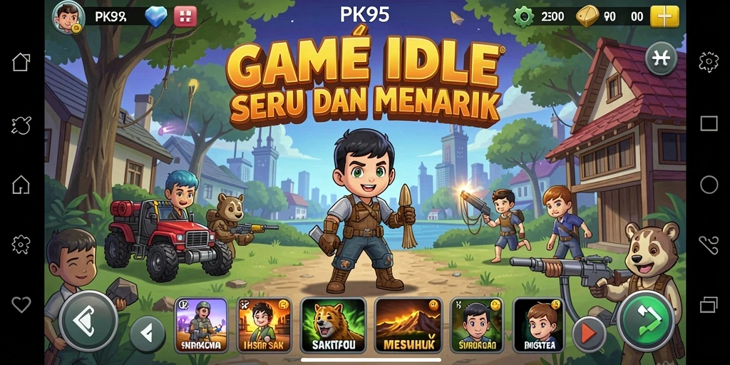 Tampilan gameplay PK95 yang menampilkan kemajuan karakter Idle.