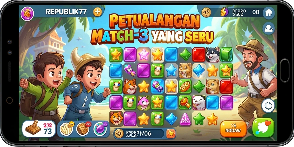 Screenshot utama dari gameplay REPUBLIK77 yang menampilkan aksi Match-3 yang seru.