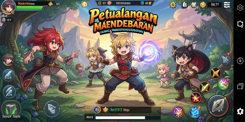Screenshot gameplay RK77 menampilkan aksi pertarungan karakter Anime yang dinamis.